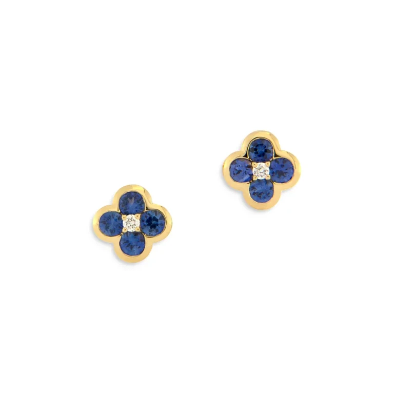 Sapphire & Diamond Bezel Clover Stud Earrings in 14K Yellow Gold