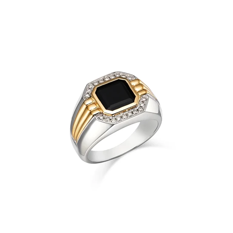 Men's Onyx & Diamond Halo Ring in 14K Yellow & White Gold