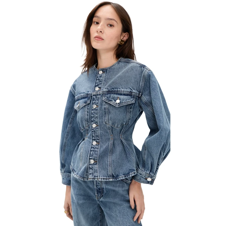 FRAME The Nipped Collarless Denim Jacket Umbria L