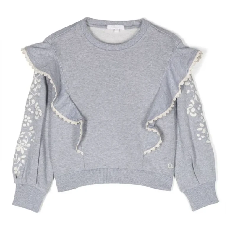 Chloe Girls Floral-Embroidered Ruffled Sweatshirt