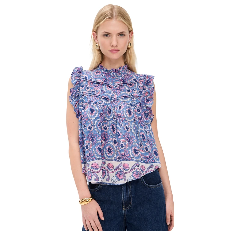 Bell Chole Top Blue with Pink Flower XS