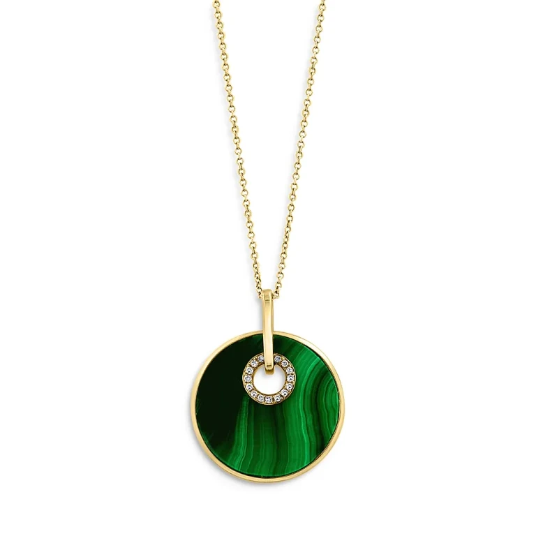 Malachite & Diamond Medallion Pendant Necklace in 14K Yellow Gold, 16-18