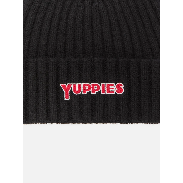 Mc2 Saint Barth Wengen Beanie Cashmere Blend Black With Yuppies Embroidery Hat - Unisex