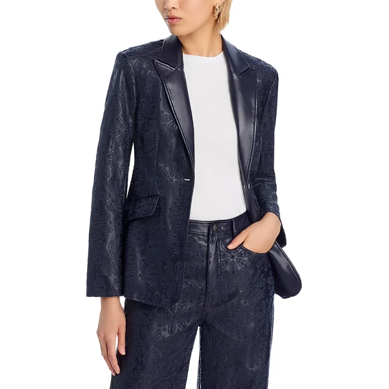 Cinq a Sept Embroidered Faux Leather Blazer