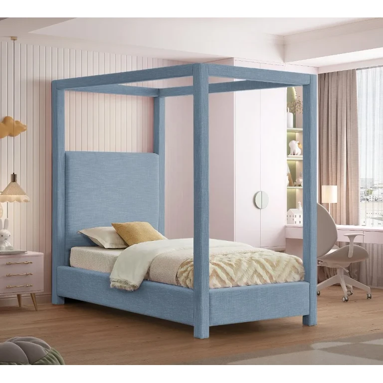 Emerson Sky Blue Textured Linen Twin Canopy Bed