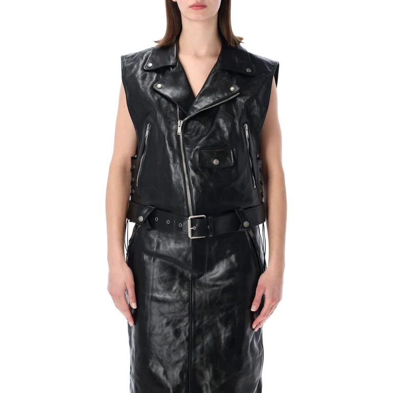 Saint Laurent Leather Biker Vest With Belt Black Calf - Women