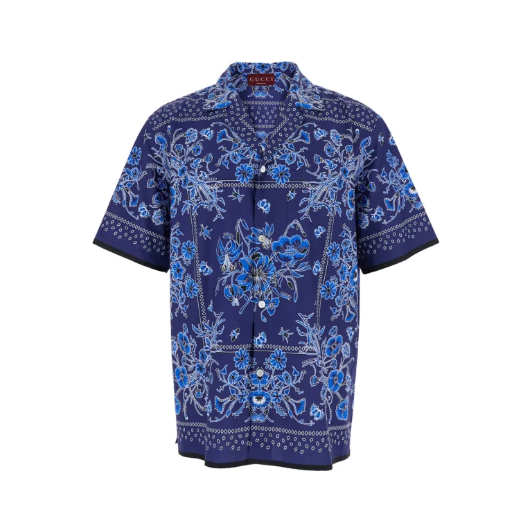 Gucci Blue Bowling Shirt With Cuban Collar And All-over Floral Print In Cotton Man