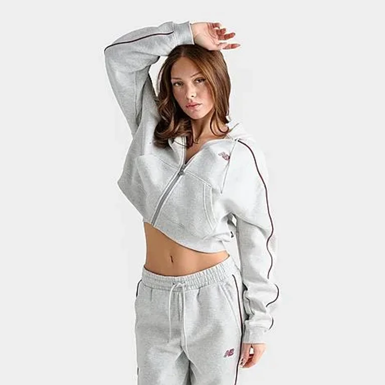 New Balance Women's Piped Cropped Full-Zip Hoodie in Ash Heather/Burgundy Size: XS