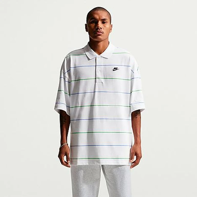 Nike Men's Sportswear Club Oversized Striped Polo Shirt in White/Black Size: XS