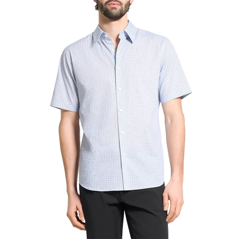 Theory Irving Short Sleeve Mini Geo Relaxed Fit Button Down Shirt