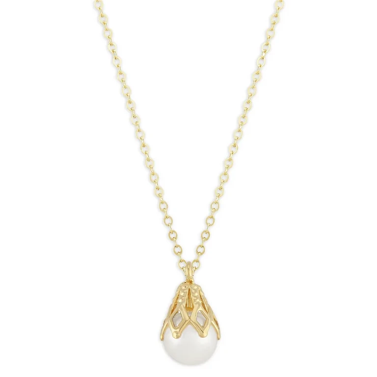 Cultured Freshwater Pearl Bell Cap Pendant Necklace in 14K Yellow Gold, 18
