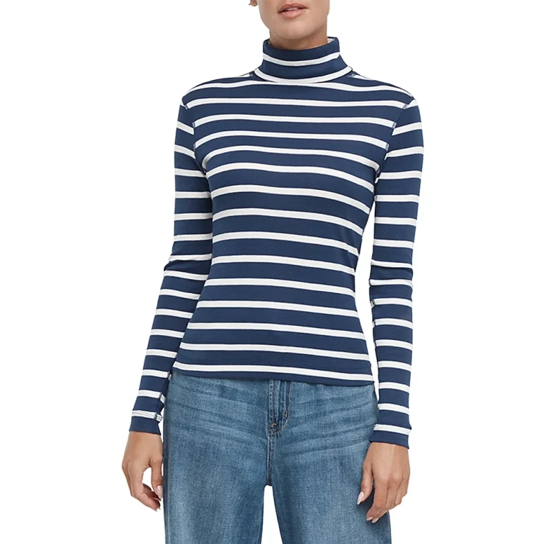 Three Dots Striped Turtleneck Long Sleeve Tee