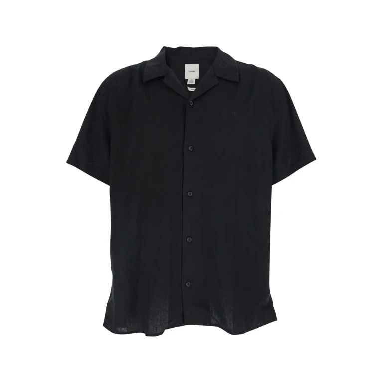 Calvin Klein Black Bowling Shirt With Cuban Collar And Logo Embroidery On The Front In Linen For Men
