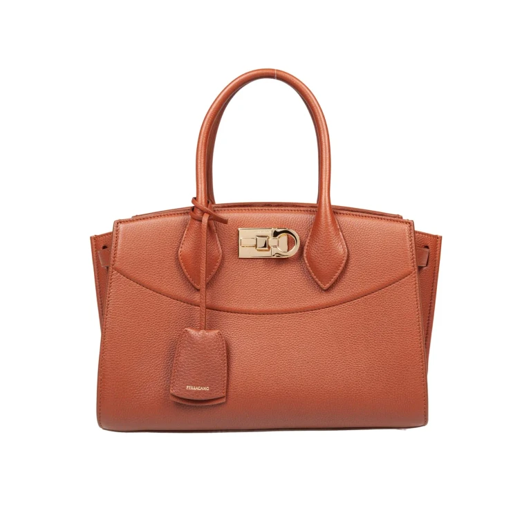 Ferragamo Studio Hammered Leather Handbag Cognac Color