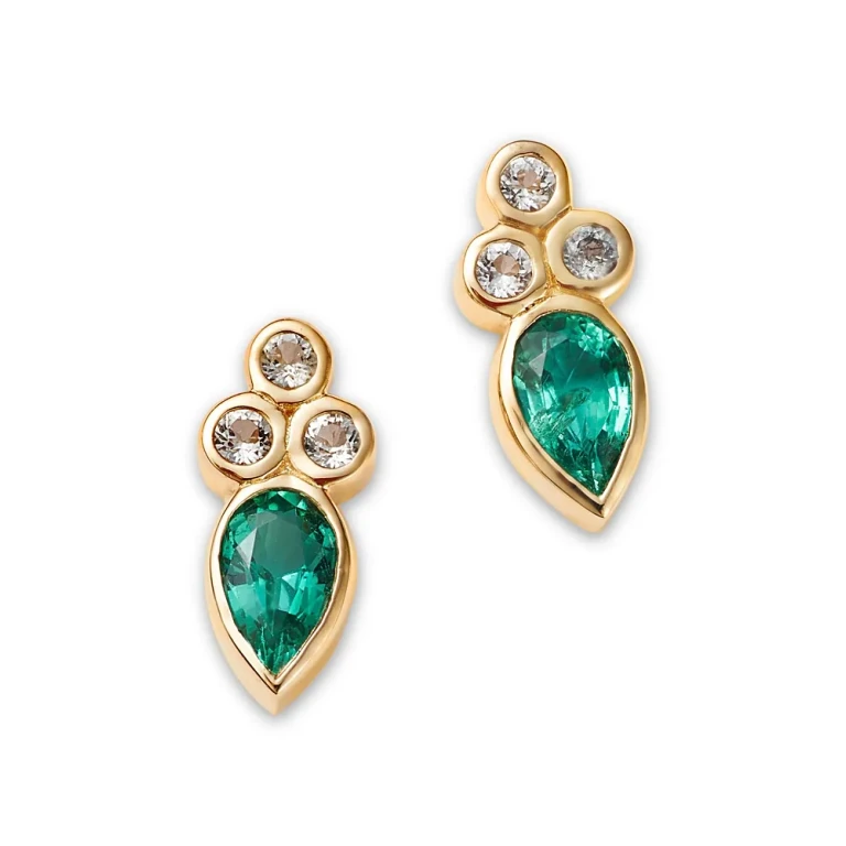 14K Yellow Gold Emerald & White Topaz Bezel Stud Earrings - Exclusive