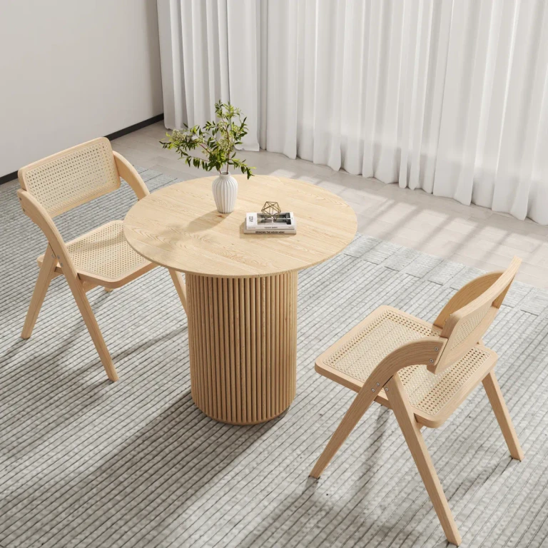 Dining Table Set Japandi 32" Round Small Dining Table & 2 Natural Folding Dining Chairs Solid Wood Rattan