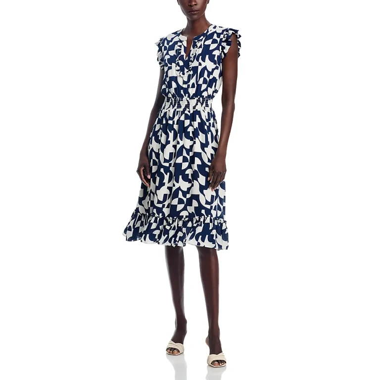 T Tahari Ruffled Trim Smocked Waist Dress