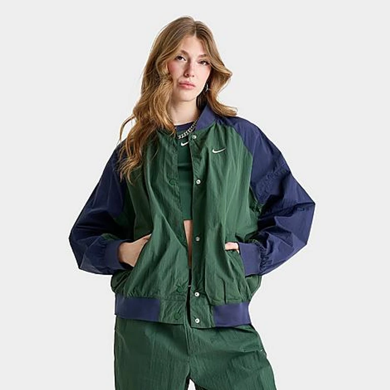 Nike Women's Sportswear Oversized Varsity Jacket in Fir/Midnight Navy/Chalk Size: XS