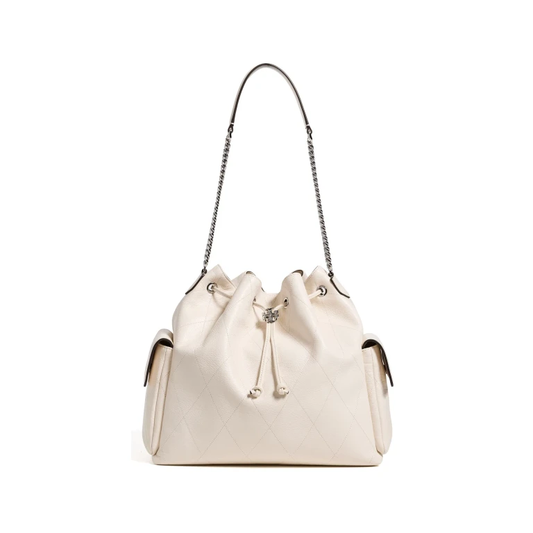 Kira Diamond Quilt Large Drawstring Shoulder Bag Light Cream One Size