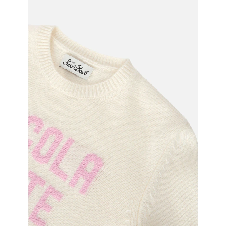 Mc2 Saint Barth Crewneck Princess Cashmere Blend With Piccola Peste Jacquard White