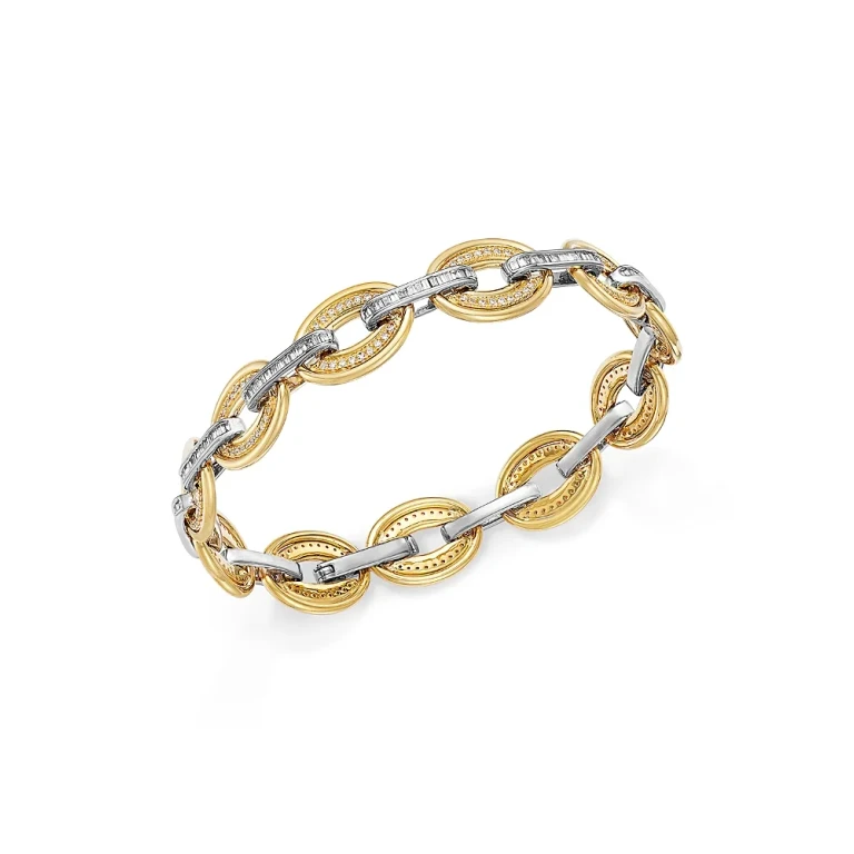 Diamond Round & Baguette Chain Link Bracelet in 14K White & Yellow Gold, 1.25 tcw
