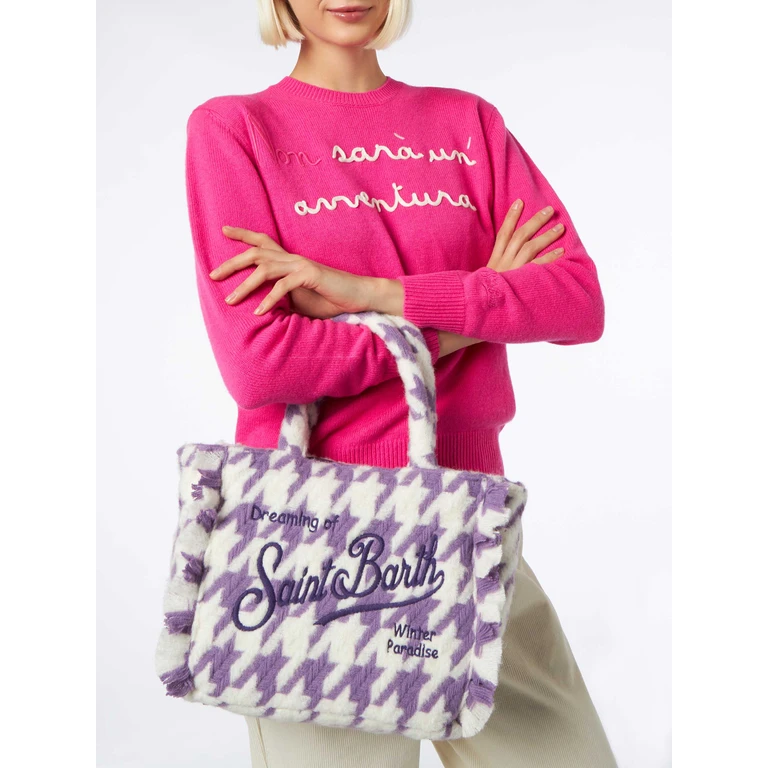 Mc2 Saint Barth Wooly Colette Fringed Handbag With Pied De Poule Pattern Pink Bag - Unisex