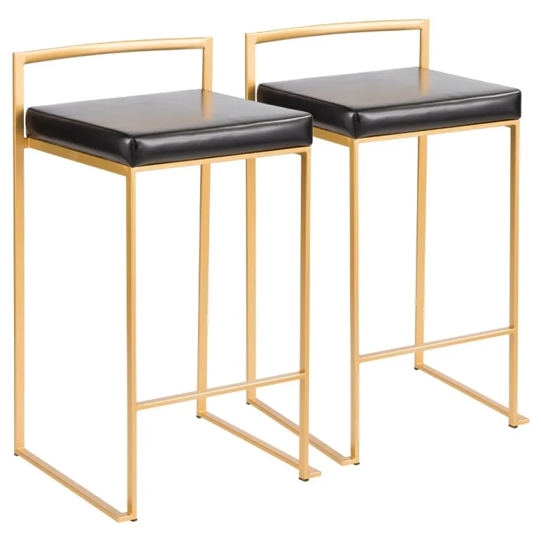 Fuji Low Back Gold & Black Faux Leather Counter Stools, Set of 2