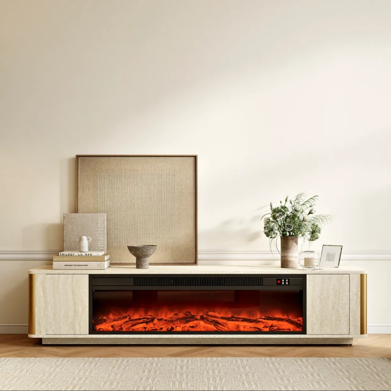 79" Travertine Veneer Electric Fireplace TV Stand with Storage in Oatmeal For living Room