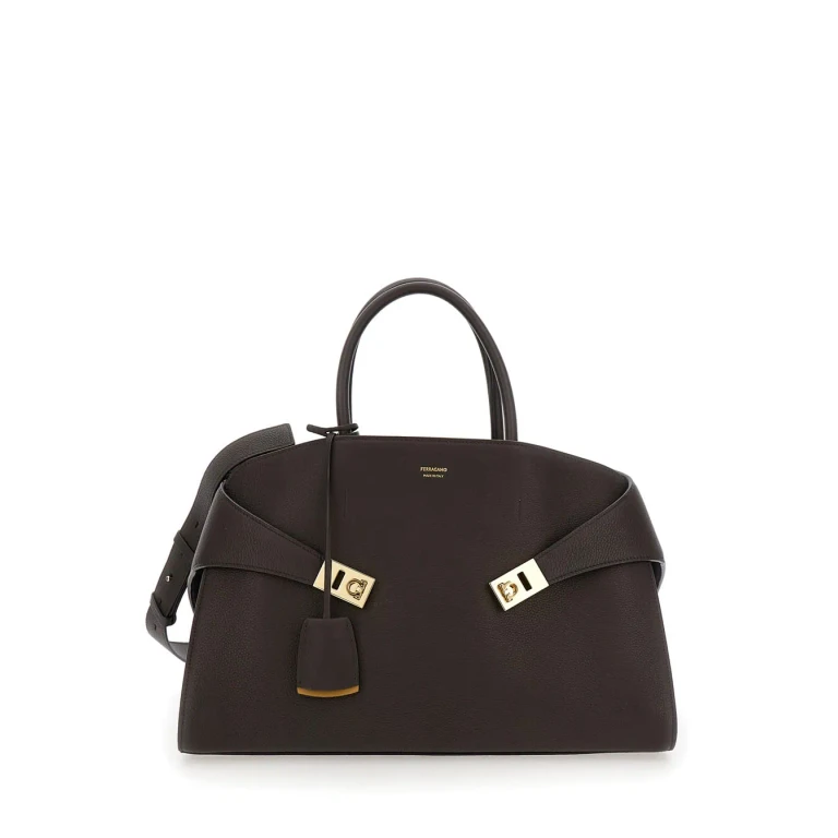 Ferragamo Brown Handbag hug Bicolor With Logo And Gancini Buckles In Leather For Women