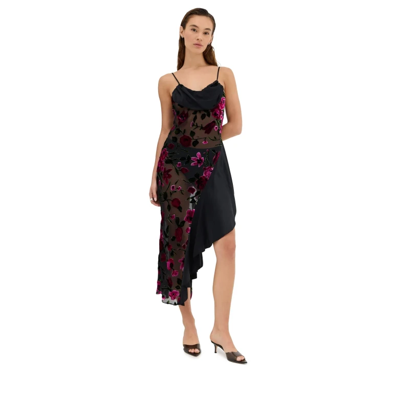 Rodarte Floral Devor Slip Dress with Satin Detail Black And Pink 4