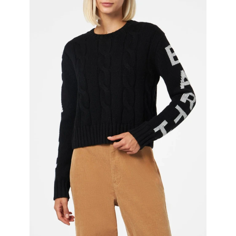 MC2 Saint Barth Malmo Black Cable Knit Sweater With Lurex Logo