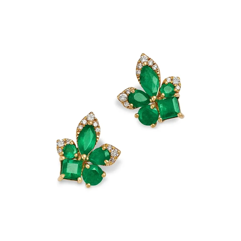 Emerald & Diamond Flower Cluster Stud Earrings in 14K Yellow Gold