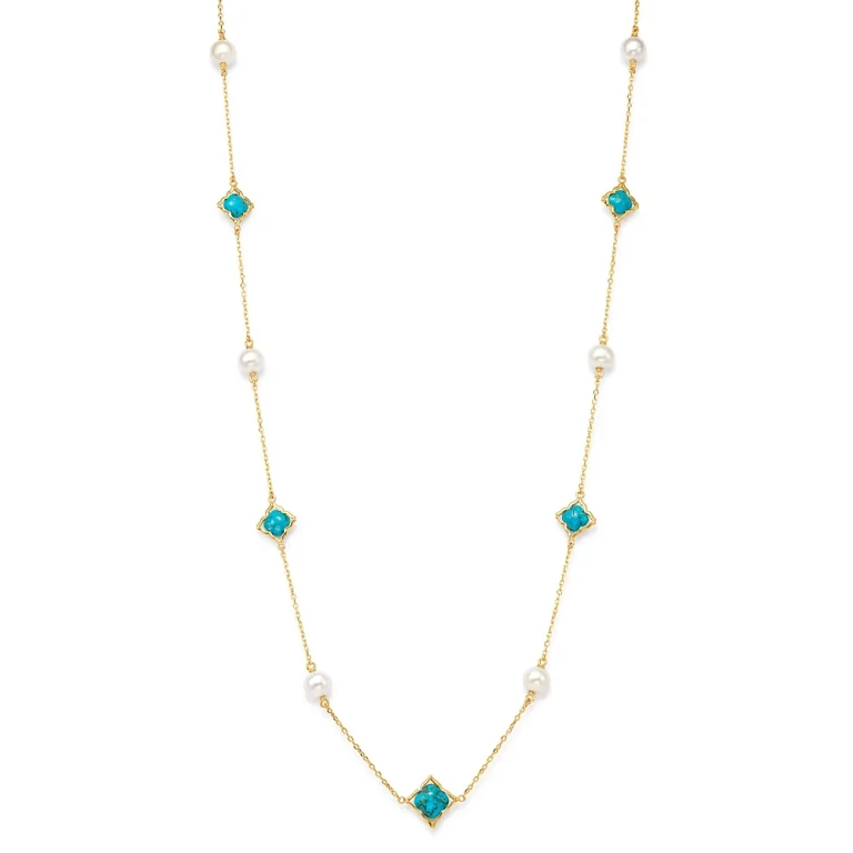 Cultured Freshwater Pearl & Turquoise Clover Station Necklace in 14K Yellow Gold, 36