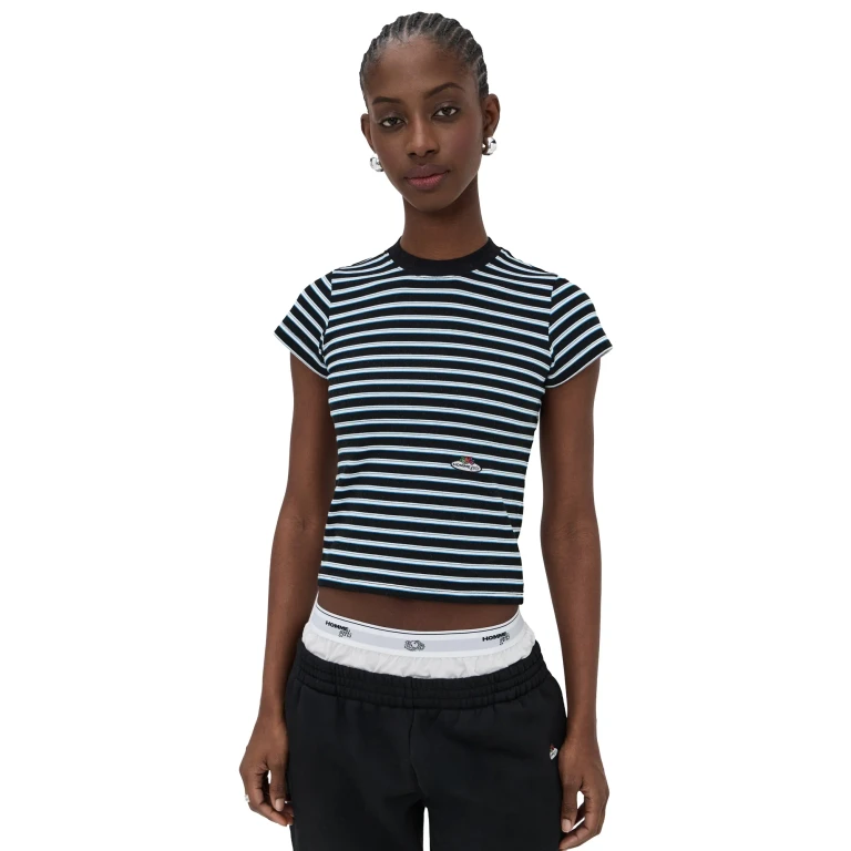 HOMMEGIRLS Homme Girls x Fruit of the Loom Striped Baby Tee Black Blue Stripe L