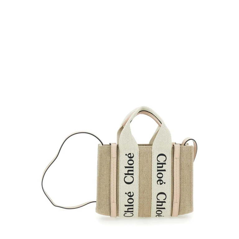 Chloé Handbag woody With Logoed Ribbons In Canvas And Beige Leather For Women