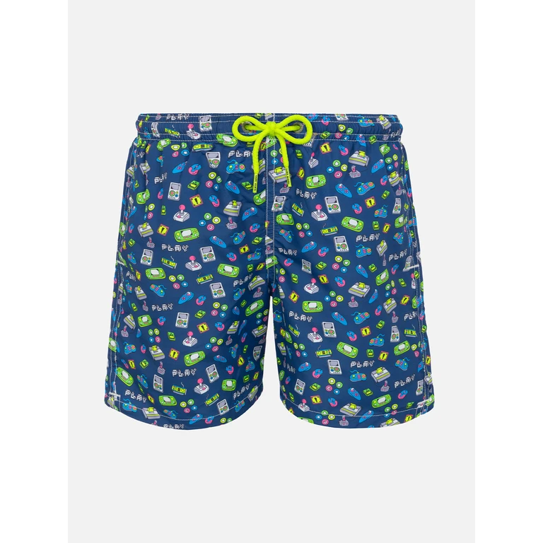 Mc2 Saint Barth Boy Swim Shorts With Retro Games Print Blue Swimshort