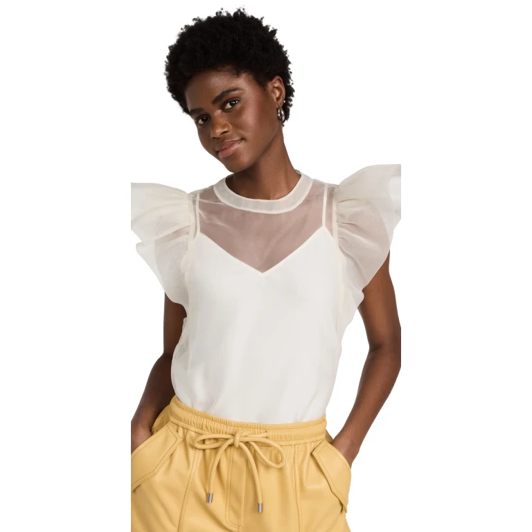 SIMKHAI Corina Organza Ruffle Sleeve Crew Neck Top Ivory L