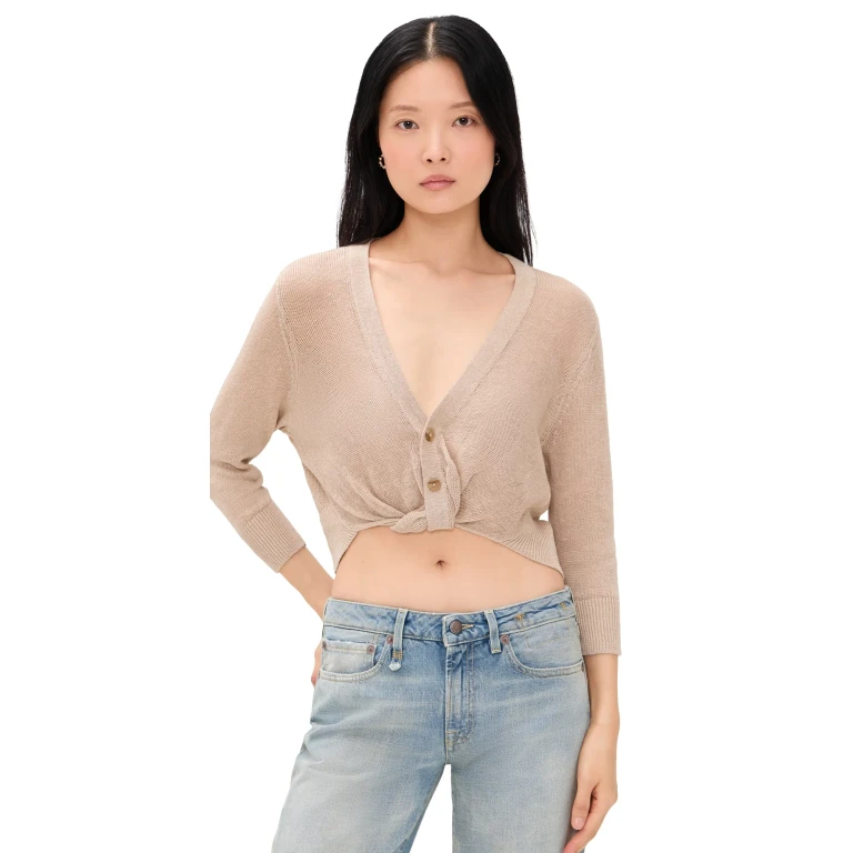 R13 3/4 Sleeve Twisted Front Cardigan Light Khaki L