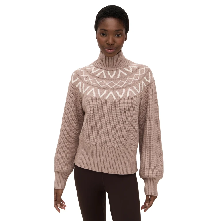 Varley Marcie Fair Isle Yoke Knit Sweater Light Taupe Marl S