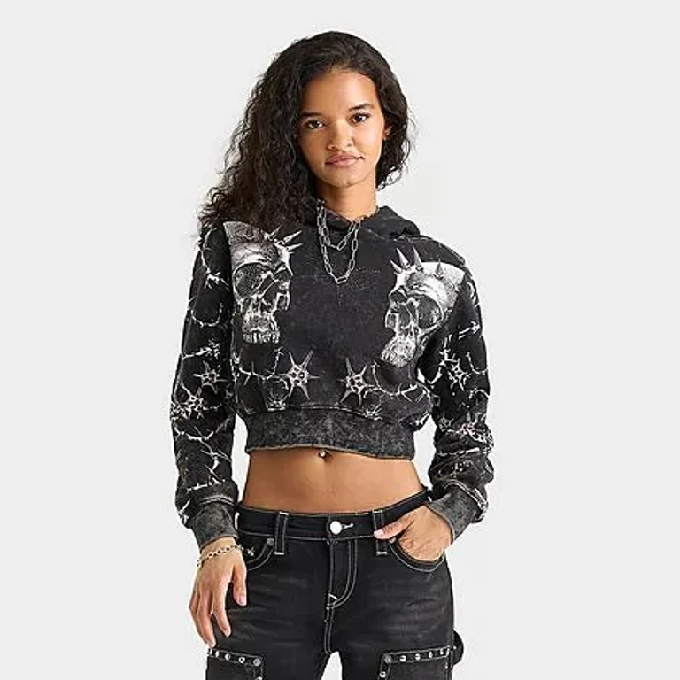 Smoke Rise Women's Amber Skull Cropped Fleece Hoodie in Hematite Size: XS