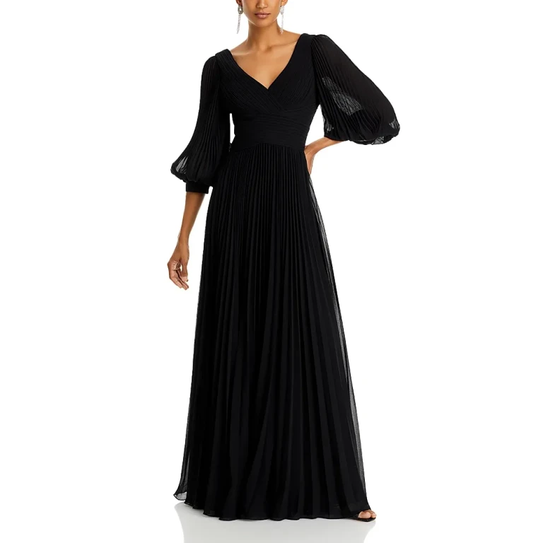 Teri Jon by Rickie Freeman Chiffon Pleated V Neck Gown