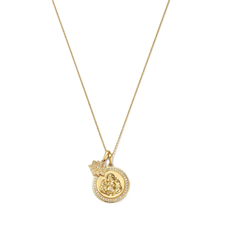 Diamond Buddha & Lotus Charms Pendant Necklace in 14K Yellow Gold, 0.33 tcw