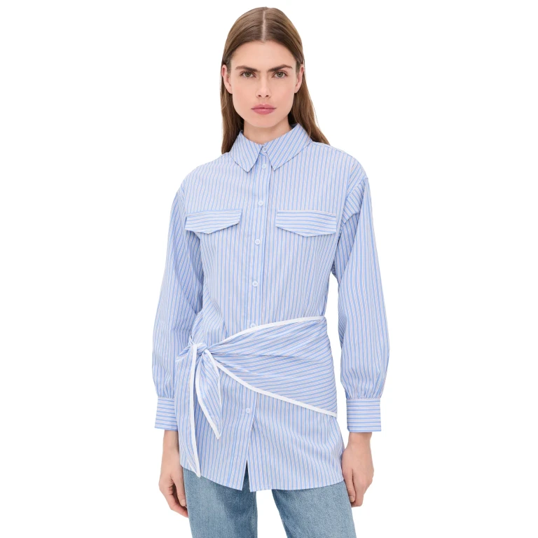 Line & Dot Eleni Button Down Shirt Tunic Blue Multi S