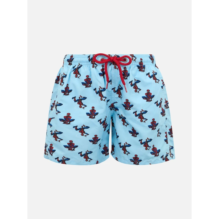Mc2 Saint Barth Boy Lightweight Fabric Swim-Shorts Jean Lighting With Spider-Man Print Marvel Special Edition Sky Swimshort