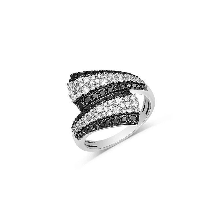 Black & White Diamond Bypass Ring in 14K White Gold, 1.0 tcw