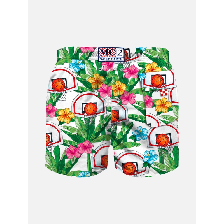 Mc2 Saint Barth Boy Swim Shorts With Basket Print White Swimshort