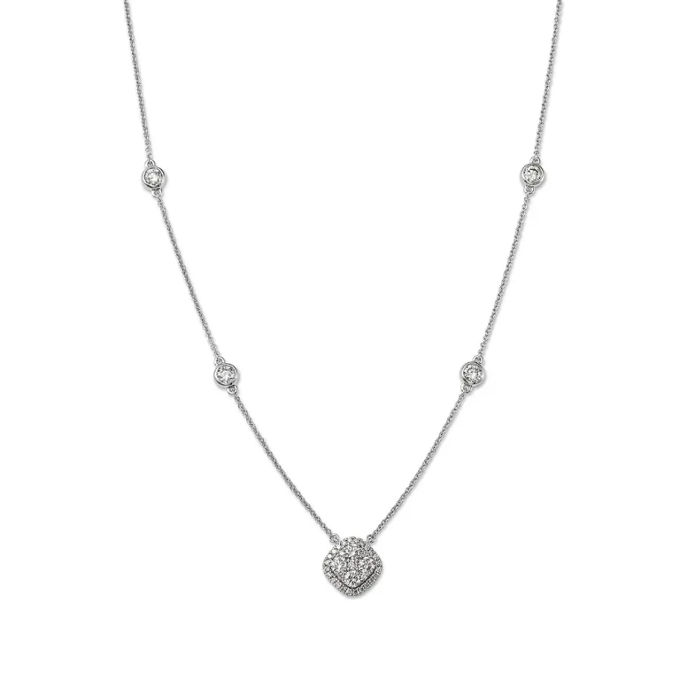 Diamond Halo Cluster Pendant Necklace in 14K White Gold, 1.0 tcw