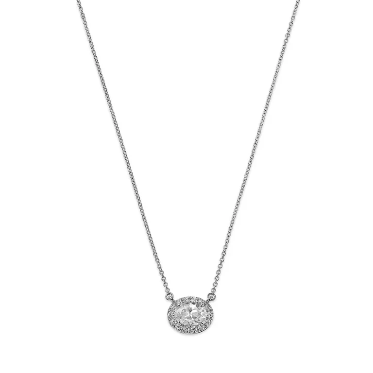Diamond Oval Halo Pendant Necklace in 14K White Gold, 1.0 tcw