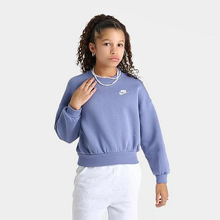 Nike Girls' Big Kids Sportswear Club Fleece Boxy Crewneck Sweatshirt in World Indigo/White Size: Small