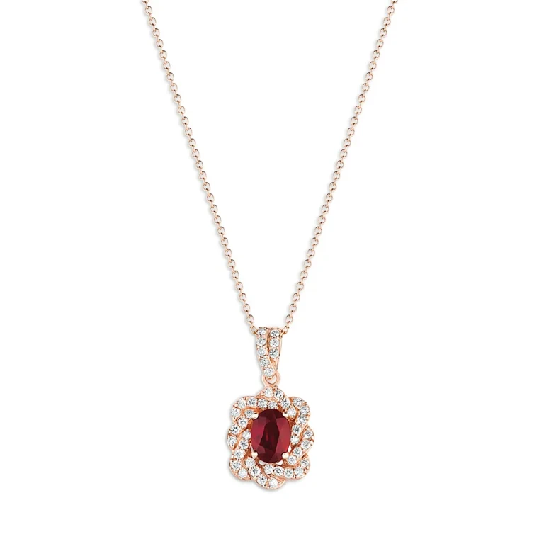 Ruby and Diamond Pendant Necklace in 14K Rose Gold, 21.6